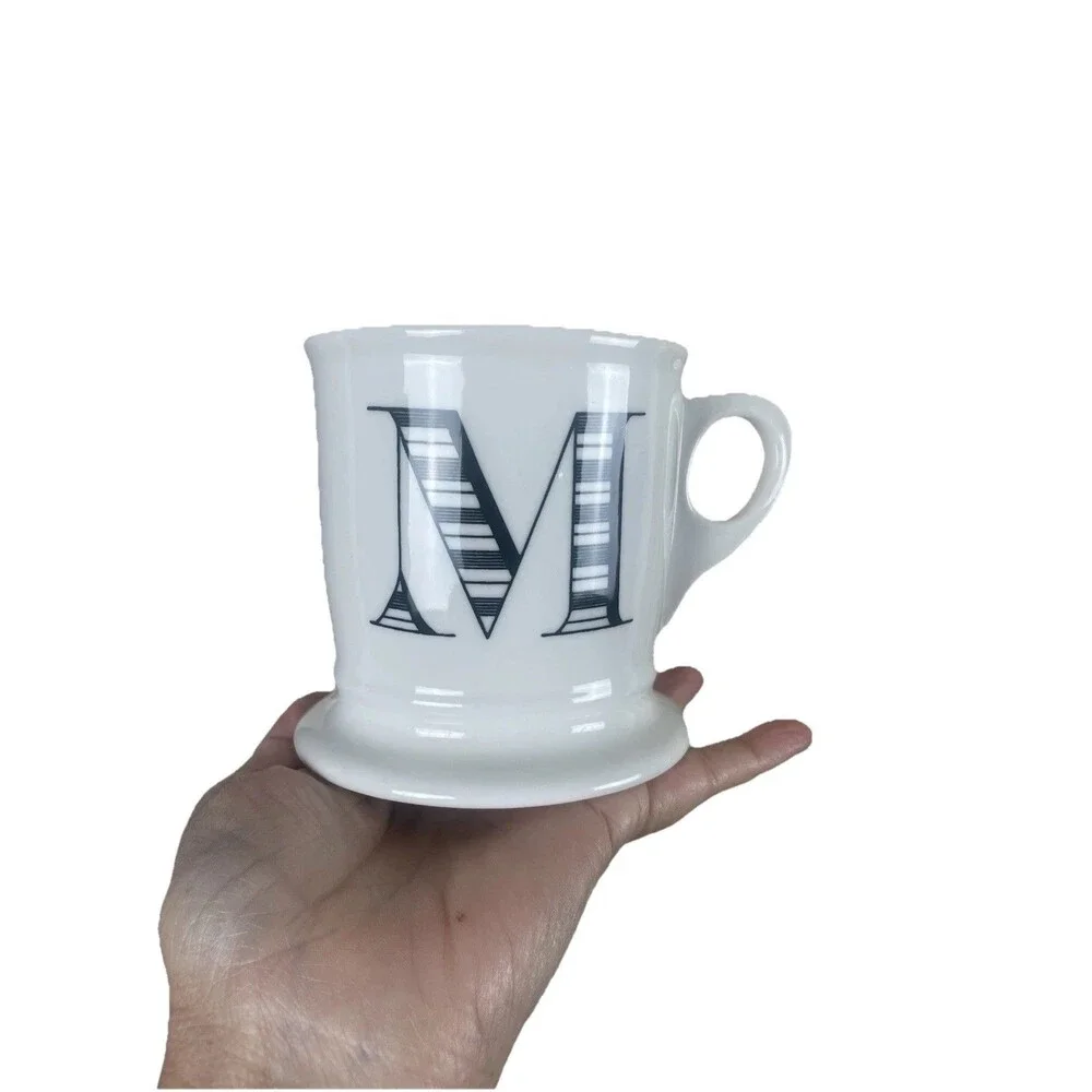 Anthropologie Coffee Mug Monogram Letter M Black White Shaving Style Cup EUC